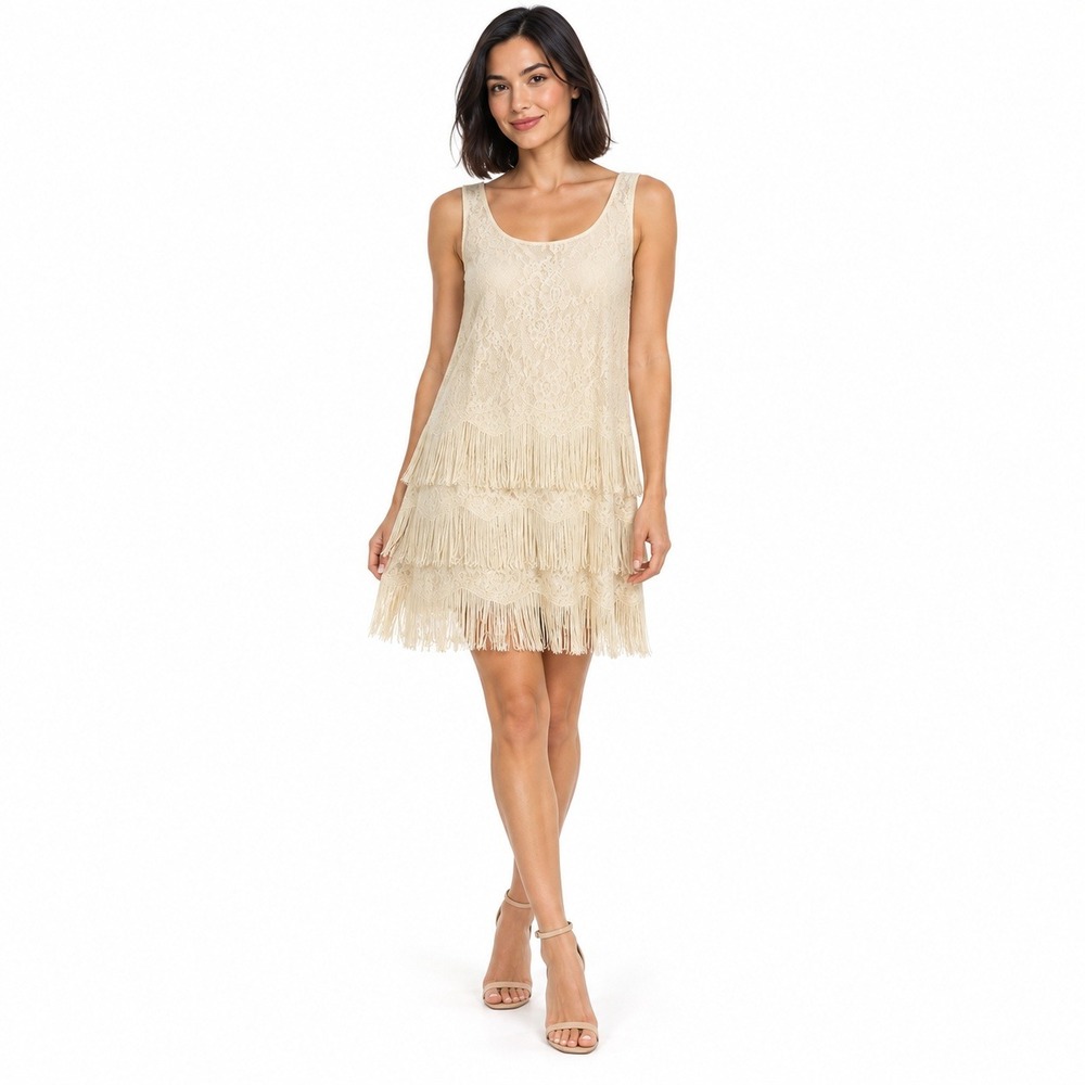 Lush Lace Fringe Flapper Mini Dress Small Cream Ivory Boho Great Gatsby Party